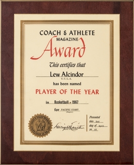 1967 Coach & Athlete Magazine Player of the Year Award Presented To Lew Alcindor (Abdul-Jabbar LOA)
